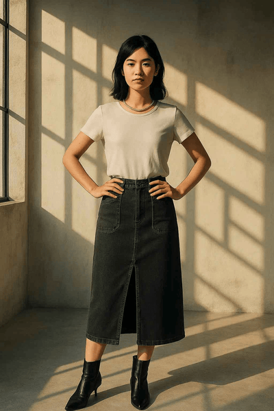 Woman wearing black denim midi skirt women with front slit paired with white t-shirt and black ankle boots