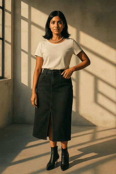 Woman wearing black denim midi skirt women with front slit and white short sleeve top in natural light