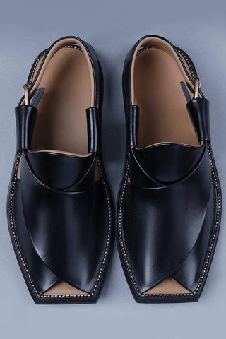 Black Leather Charsadda Chappal with Brass Buckle Ecowears Store