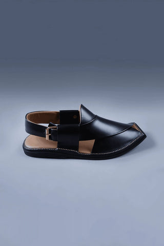 Black Leather Charsadda Chappal with Brass Buckle Ecowears Store