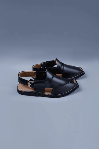 Black Leather Charsadda Chappal with Brass Buckle Ecowears Store
