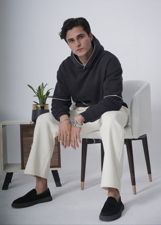 Black Minimal Hoodie with Contrast Piping Ecowears Store
