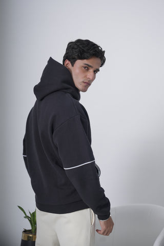Black Minimal Hoodie with Contrast Piping Ecowears Store