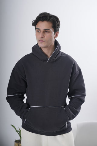 Black Minimal Hoodie with Contrast Piping Ecowears Store