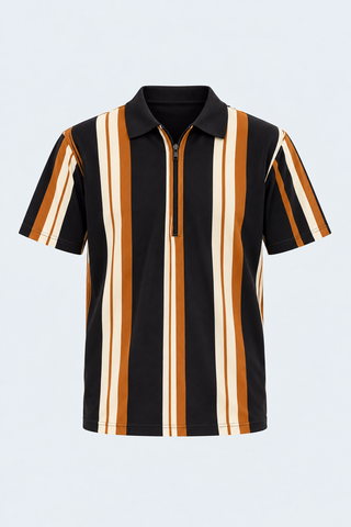 Black Multi Stripe Zip Polo Tee — front studio view