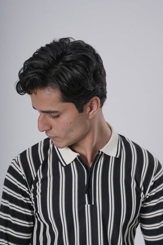 Black & Off-White Striped Zip Polo Sweatshirt Ecowears Store