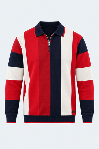 Bold Stripe Knit Polo – Red & Navy — front studio view