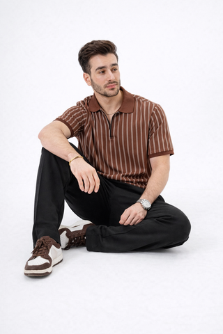Brown Pinstripe Zip Polo Ecowears Store