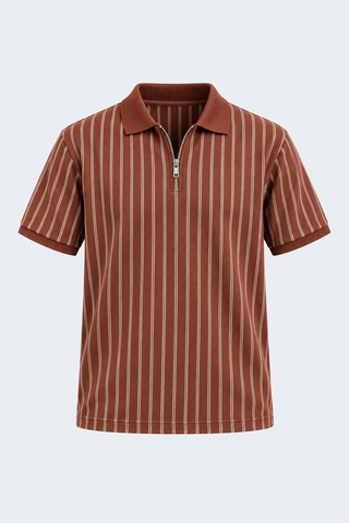 Brown Pinstripe Zip Polo — front studio view