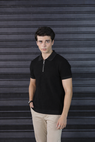 Classic Black Textured Knit Half-Zip Polo Shirt Ecowears Store