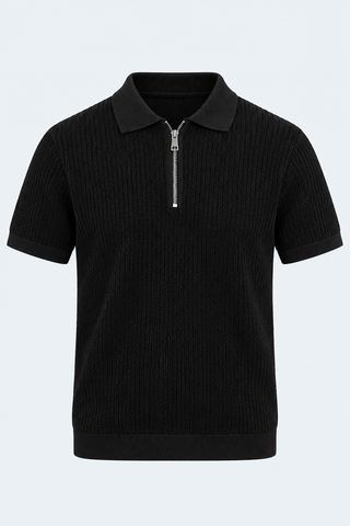 Classic Black Textured Knit Half-Zip Polo Shirt — front studio view