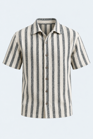 Coastal Stripe Textured Resort Shirt – Ivory & Grey — front studio view