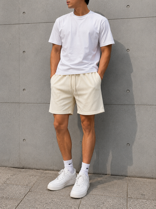 Cream Ribbed Casual Sweat Shorts Ecowears Store
