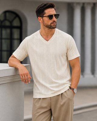 Cream Textured V-Neck T-Shirt Ecowears Store