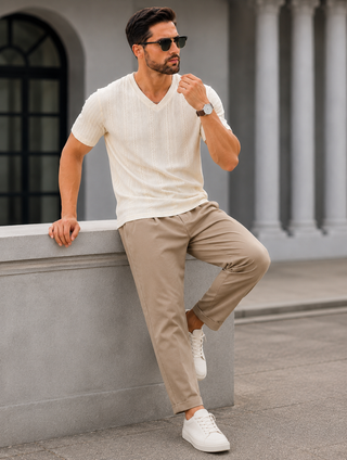 Cream Textured V-Neck T-Shirt Ecowears Store