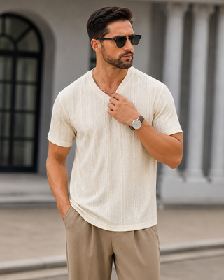 Cream Textured V-Neck T-Shirt Ecowears Store