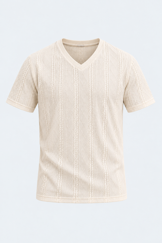 Cream Textured V-Neck T-Shirt — front studio view