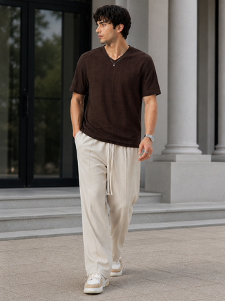 Dark Brown Textured V-Neck T-Shirt Ecowears Store