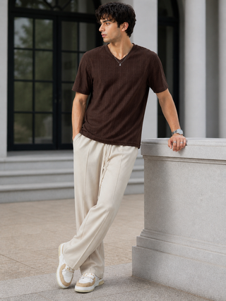 Dark Brown Textured V-Neck T-Shirt Ecowears Store