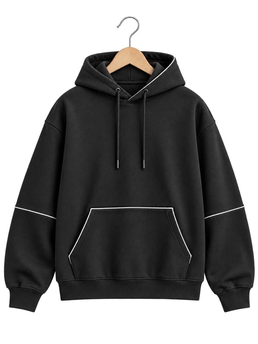Black Minimal Hoodie with Contrast Piping