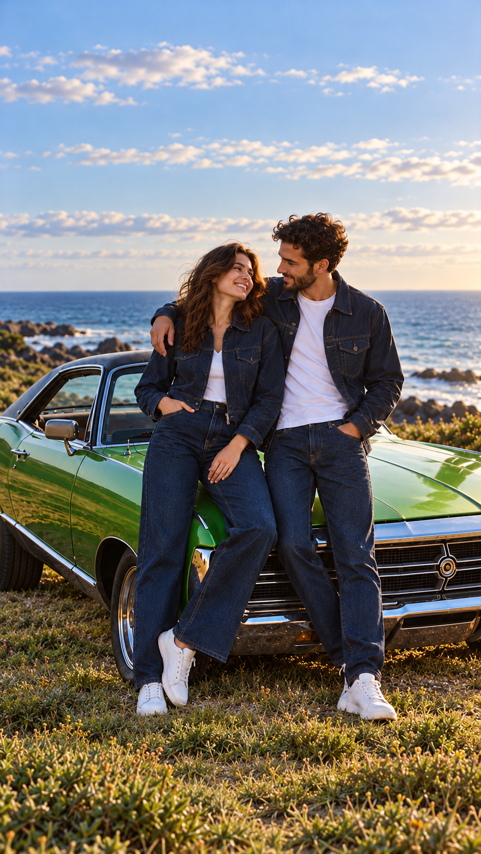 Natural couple in denim with green vintage car, mobile winter banner