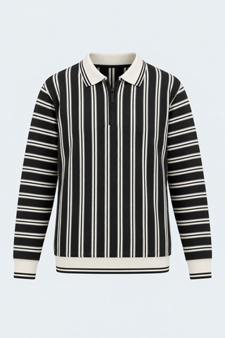 Black & Off-White Striped Zip Polo Sweatshirt