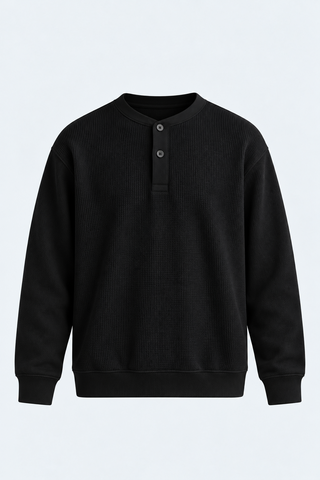 Classic Button-Neck Black Sweatshirt – front studio product image