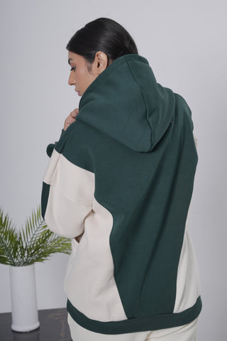 Forest Green & Off-White Color Block Hoodie Ecowears Store