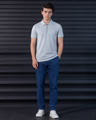 Ice Blue Textured Zip Polo Shirt Ecowears Store