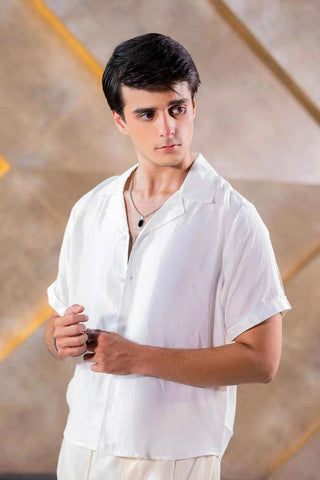 Men's Cuban Collar Shirt - Timeless Elegance in Classic White Style Ecowears Store