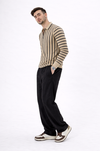 Minimal Stripe Knit Polo – Beige & Black Ecowears Store