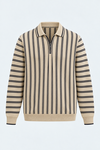 Minimal Stripe Knit Polo – Beige & Black — front studio view