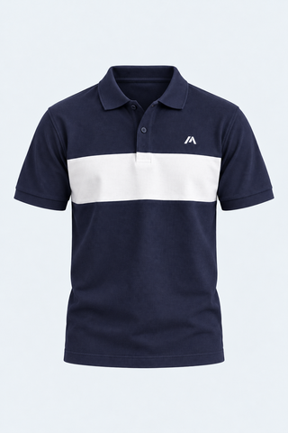 Navy Blue and White Color-Block Polo Shirt — front studio view