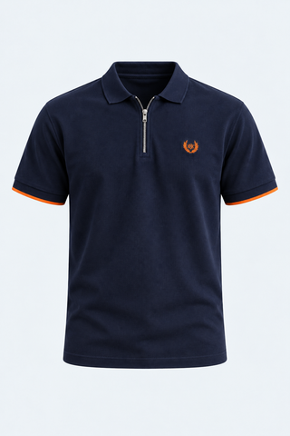 Navy Blue Zip-Neck Polo Shirt — front studio view