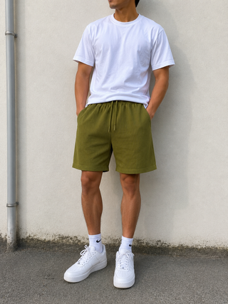 Olive Green Ribbed Casual Sweat Shorts Ecowears Store