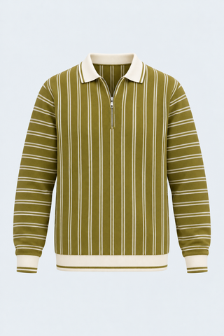 Olive Stripe Knit Polo — front studio view