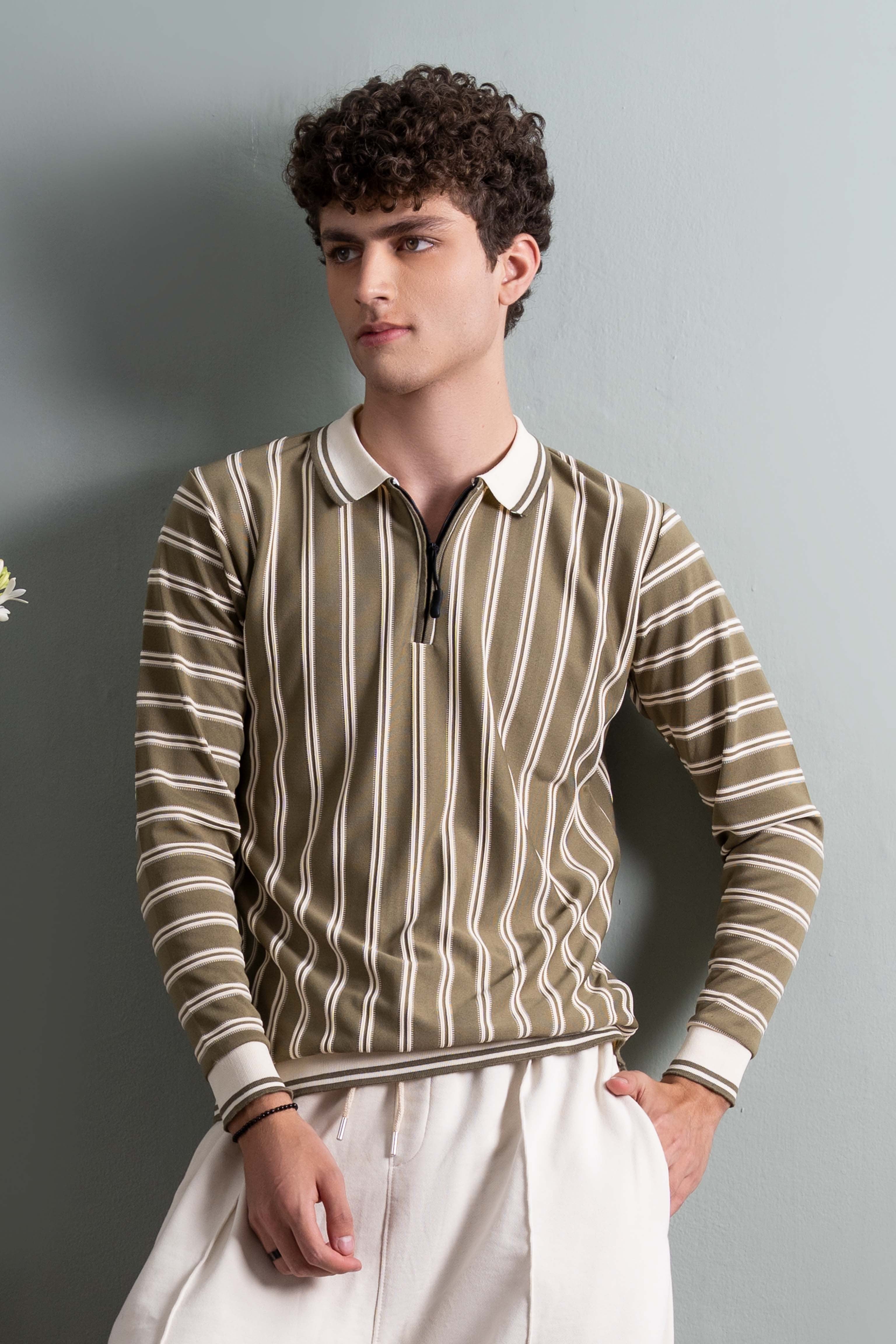 
                          Olive Striped Half-Zip Sweatshirt Ecowears Store
                        