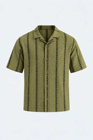 Olive Tribal Stripe Resort Shirt — front studio view