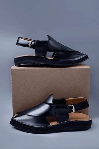 Premium Black Leather Chappal with Bold Square Toe and Stitch Accent Ecowears Store