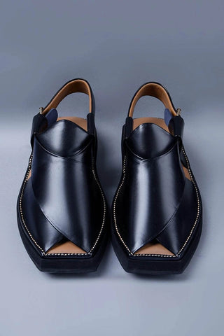 Premium Black Leather Chappal with Bold Square Toe and Stitch Accent Ecowears Store