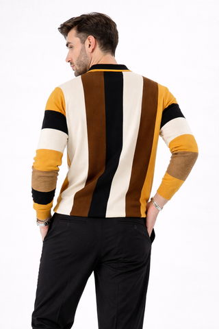 Retro Stripe Knit Polo – Mustard & Brown Ecowears Store