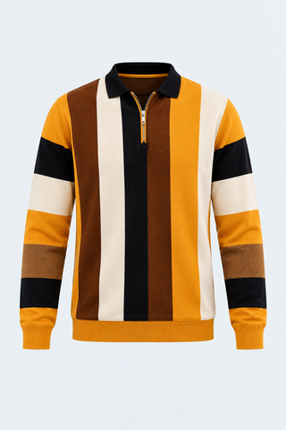 Retro Stripe Knit Polo – Mustard & Brown — front studio view