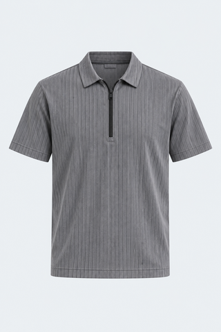 Ribbed Half-Zip Collared T-Shirt – Grey — front studio view