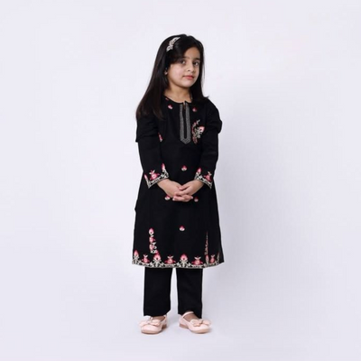 Girls Khaddar Embroidered suit - Black.