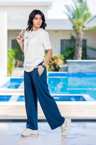 Royal Wave Wide-Leg Trousers - Dark Blue Ecowears Store