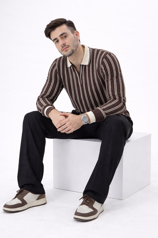 Slim Stripe Knit Polo – Chocolate Brown Ecowears Store