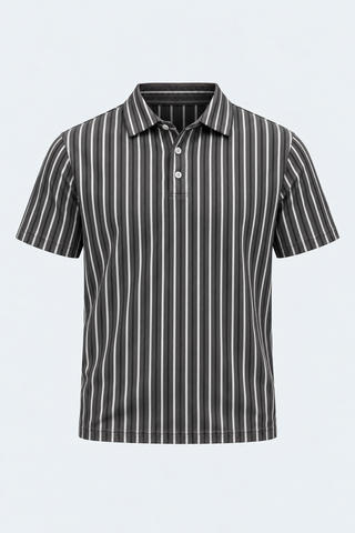 Striped Button-Down Polo T-Shirt – Charcoal — front studio view
