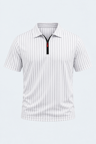 Striped Half-Zip Collared T-Shirt – Off White — front studio view