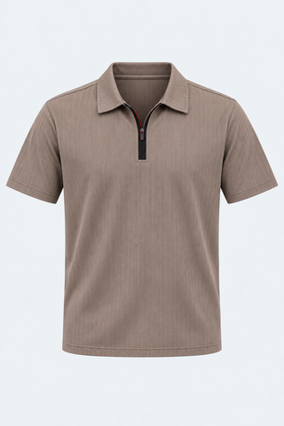 Taupe Ribbed Zip Polo — front studio view