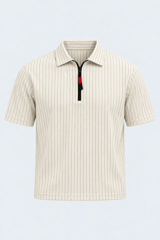 Textured Half-Zip Collared T-Shirt – Beige — front studio view